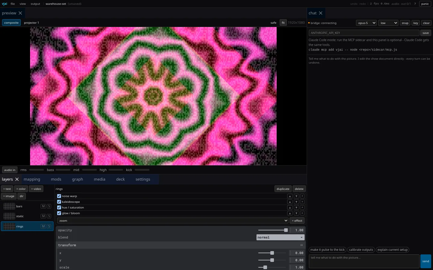 vjai: composite preview, layer stack and effect chain, chat agent panel